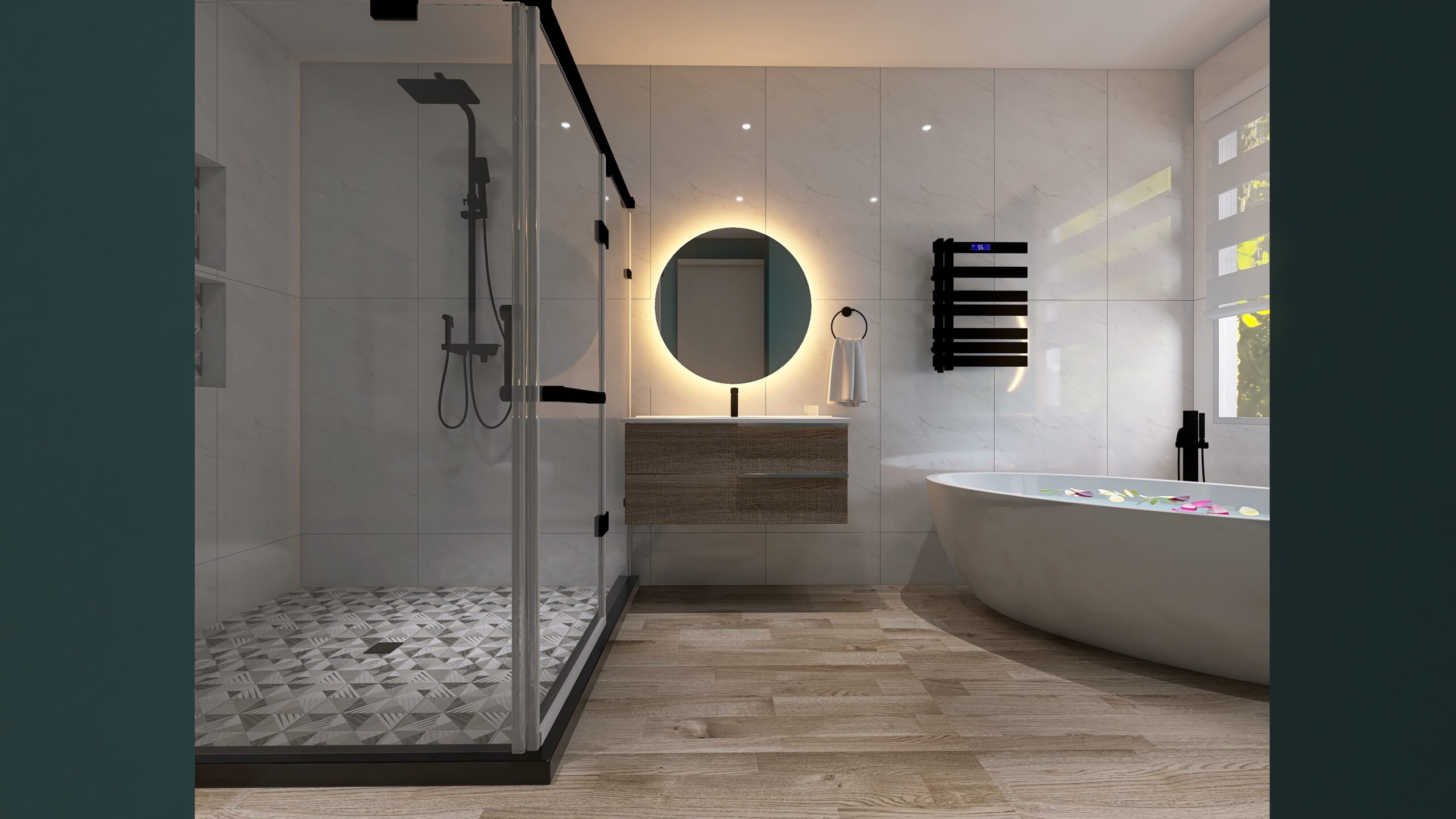 Bathroom with circular mirror