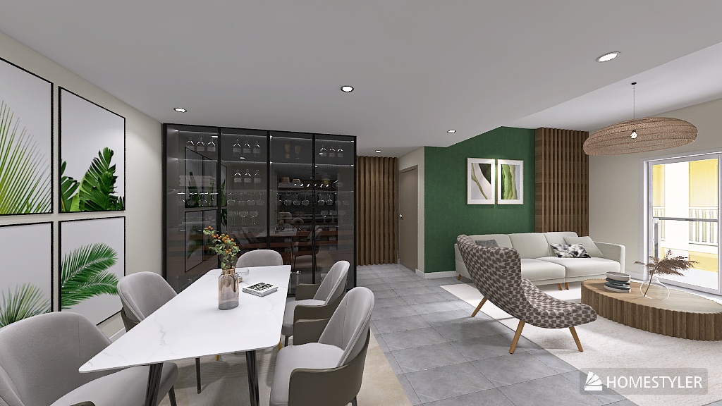 Modern living room with green accent wall